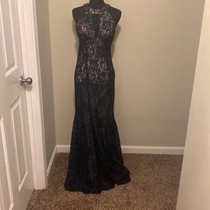 Formal/prom gown, mermaid blue lace with sparkles and beige lining